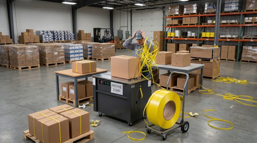 Automatic strapping machine jammed with debris
